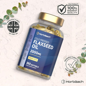 Flaxseed Oil Capsules 2000Mg | 360 Softgels | Omega 3 6 9 with High Strength Alpha Linolenic Acid (ALA) | Cold Pressed Supplement | by Horbaach