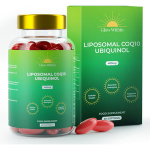 Glow within Liposomal Coq10 Ubiquinol 400Mg per Serving | Coenzyme Q10 Supplement with Resveratrol | Supports Heart and Brain Health, Fertility, Energy Boosting, Fatigue Reducing | Enhanced Absorption