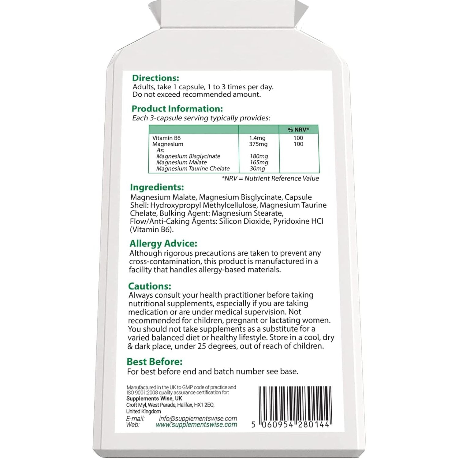 Triple Magnesium Complex - 3 in 1 Blend - Bisglycinate, Malate and Taurate with Vitamin B6 - Magnesium Complex Supplements Suitable for Women and Men - 120 High Strength Capsules