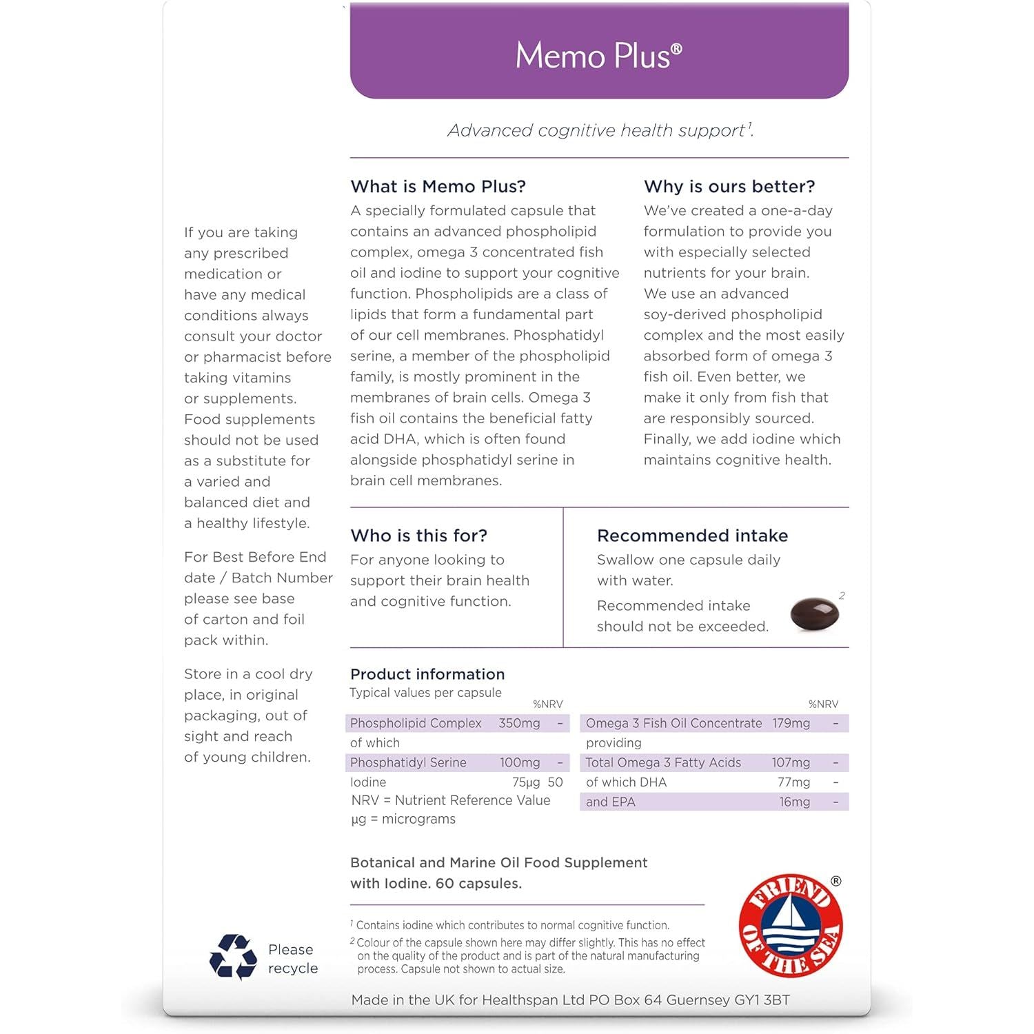 Healthspan Memo plus (2 Months' Supply) | to Support Your Brain Health & Cognitive Function | 350Mg Advanced Phospholipid Complex | 179Mg Omega 3 Fish Oil | 75Μg Iodine | Friend of the Sea | One-A-Day