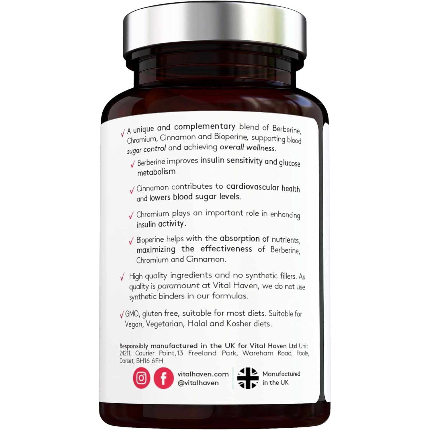 [Vital Haven] Berberine 98% 500Mg, Cinnamon 500Mg, Chromium 100Mg with Bioperine for Maximum Absorption - 60 Capsules - High Strength - Blood Sugar Control - Premium Ingredients - Made in the UK