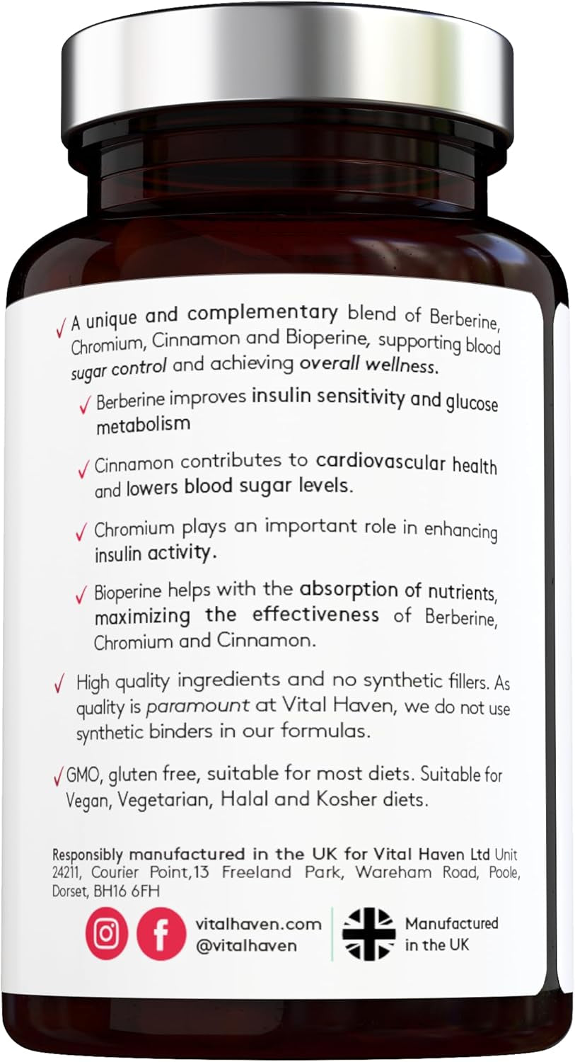 [Vital Haven] Berberine 98% 500Mg, Cinnamon 500Mg, Chromium 100Mg with Bioperine for Maximum Absorption - 60 Capsules - High Strength - Blood Sugar Control - Premium Ingredients - Made in the UK