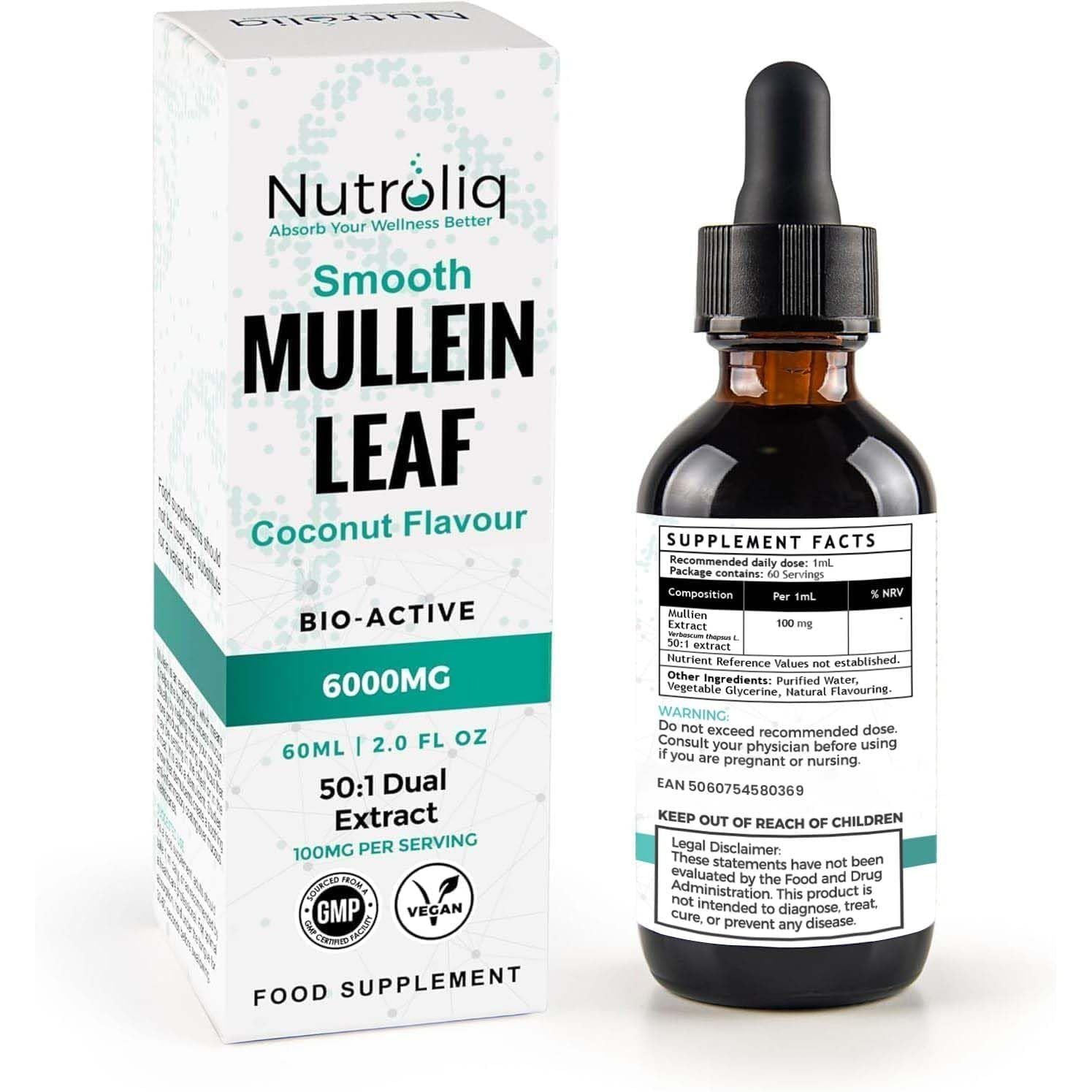 Nutroliq Mullein Leaf 50:1 Extract Drops - Vegan, Non-Gmo Supplements for Lung Cleanse and Respiratory Health, Digestive Wellness, Sound Sleep Support - Fast Absorption Tincture - 60Ml, 2 Month Supply