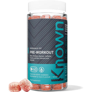 Known Delicious Pre-Workout Gummies - 80Mg Caffeine, 100Mg Taurine, B Vitamins - Natural Raspberry & Yuzu Flavour - 60 Vegan Gummies, 15 Servings