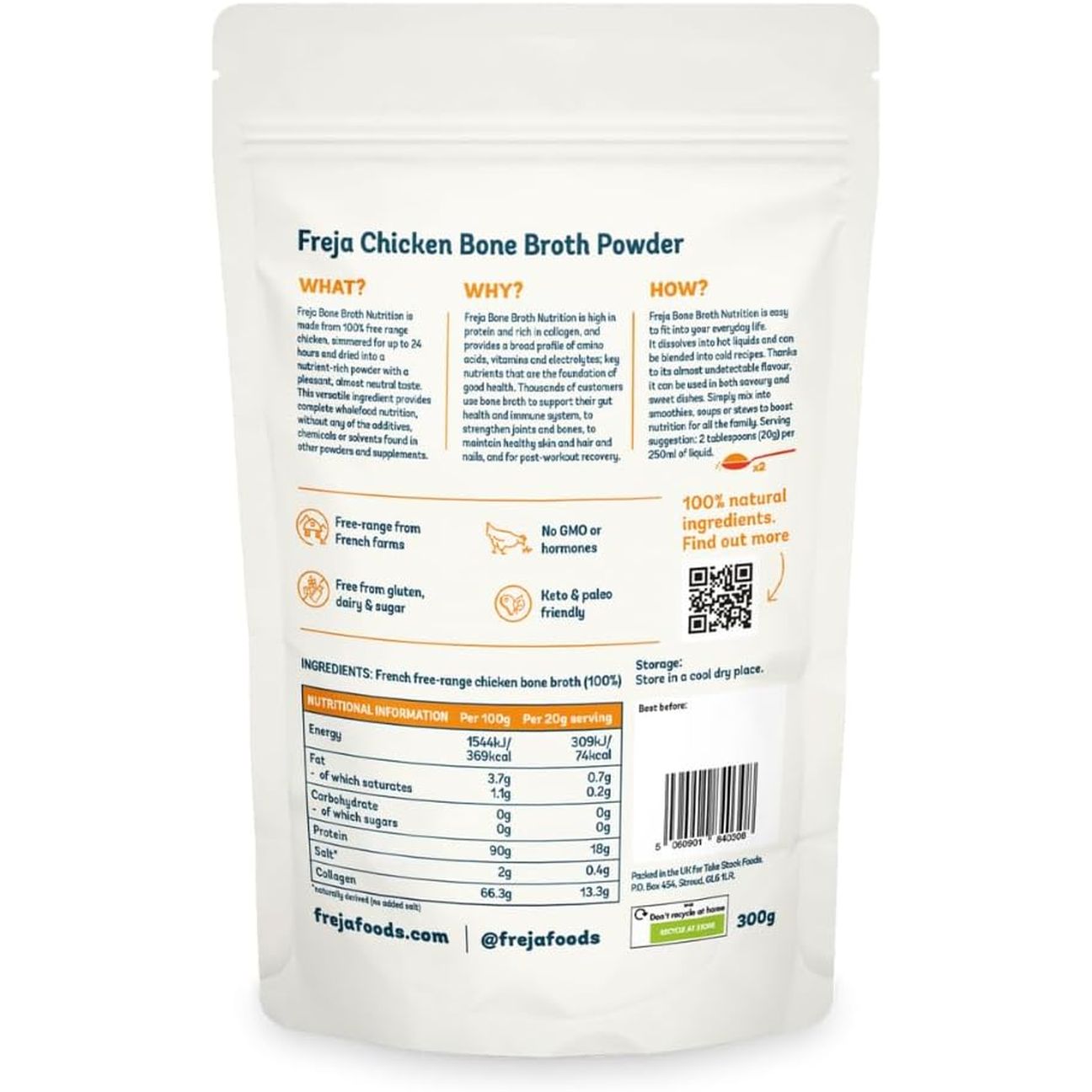 Freja Bone Broth Powder | 100% Natural Collagen & Protein Powder | Free-Range Chicken | Amino Acids & Minerals | Nutrition for Healthy Gut, Joints, Skin, Hair & Nails | 300G (15 Servings)