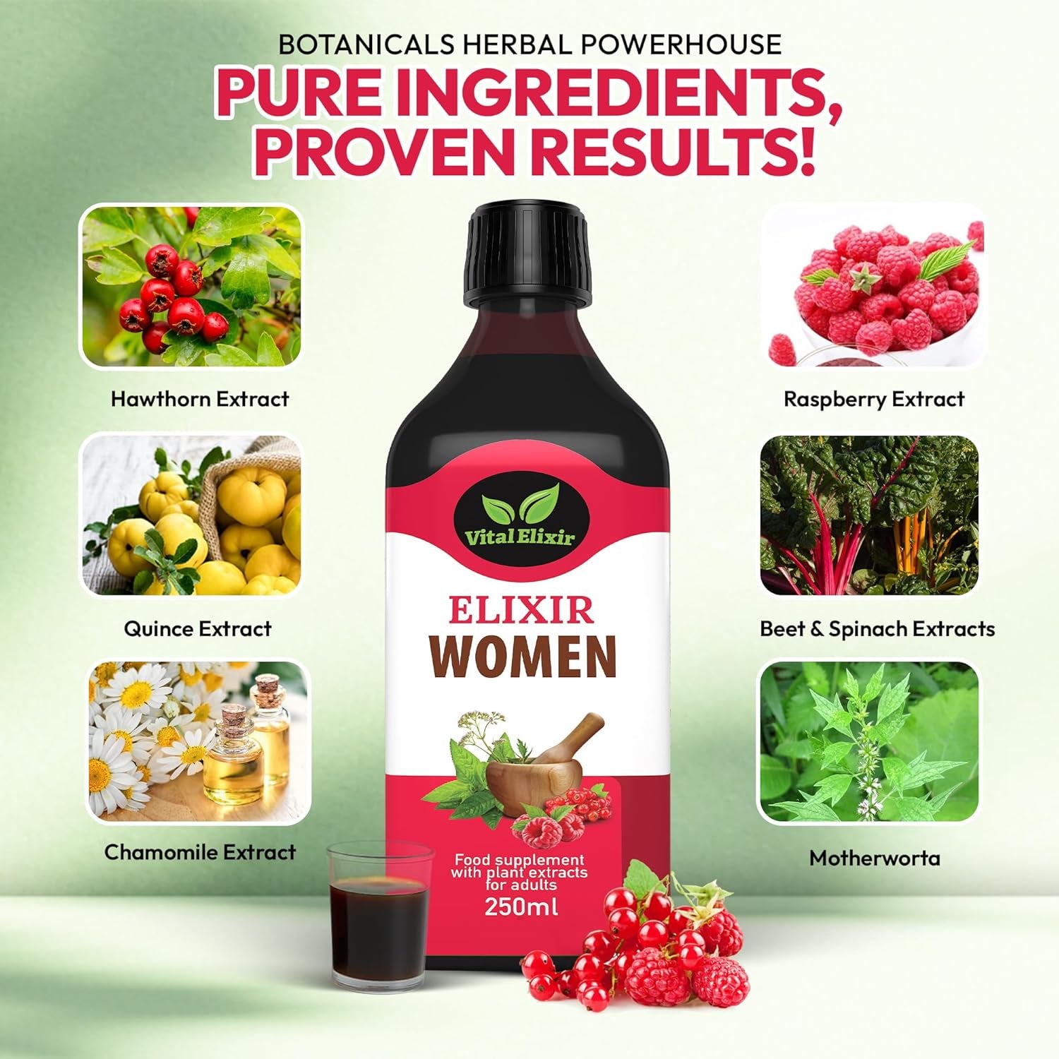 Elixir Women – Herbal Food Liquid Supplement with Hawthorn, Chamomile & Cranberry – 250Ml – Vegan, Gluten-Free, Natural Antioxidant Support