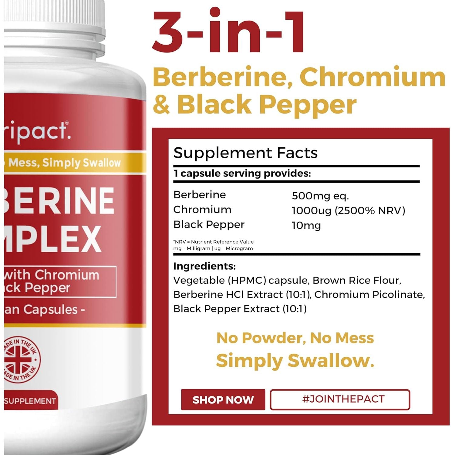 Nutripact Berberine Supplement with Chromium Picolinate and Black Pepper - 60 Vegan Capsules (Not Tablets) High Strength 500Mg - Made in the UK