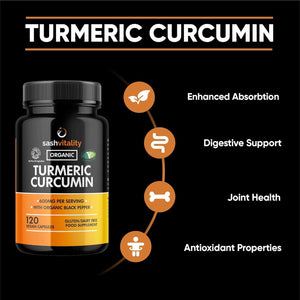 Organic Turmeric Curcumin 600Mg Serving with Organic Black Pepper | 120 Vegan Capsules | High Potency Antioxidant & Absorption | Certified Organic Supplement – UK Made Sash Vitality