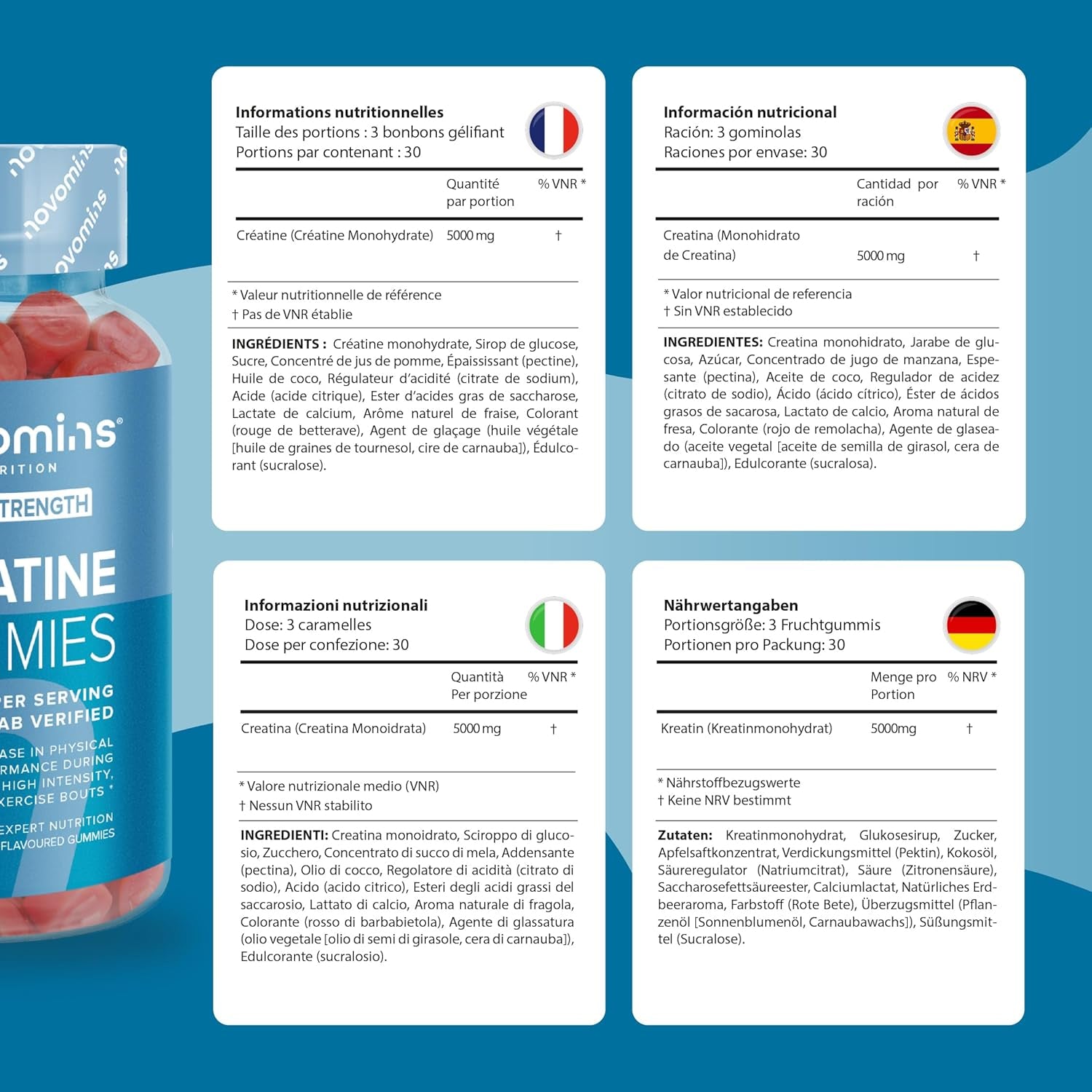 Creatine Gummies - 5000Mg Lab Verified - High Strength Monohydrate Gummies - Increase Physical Performance - Alternative to Tablets, Powder & Capsules - Novomins