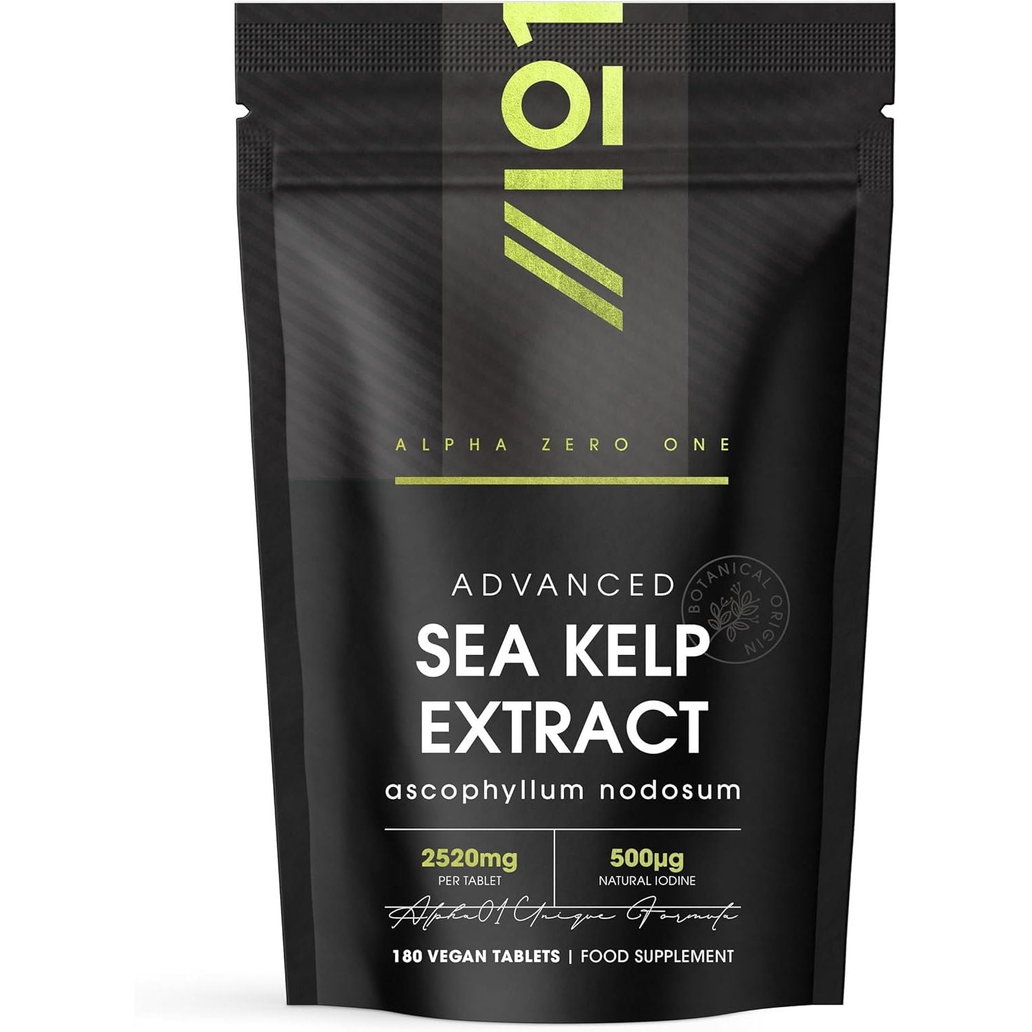 Sea Kelp Extract 2520Mg Tablets - 500Μg Natural Iodine - 180 Vegan Tablets (6 Months Supply) - High Strength 30:1 Ascophyllum Nodosum Extract - Resealable and Recyclable Pouch by Alpha01