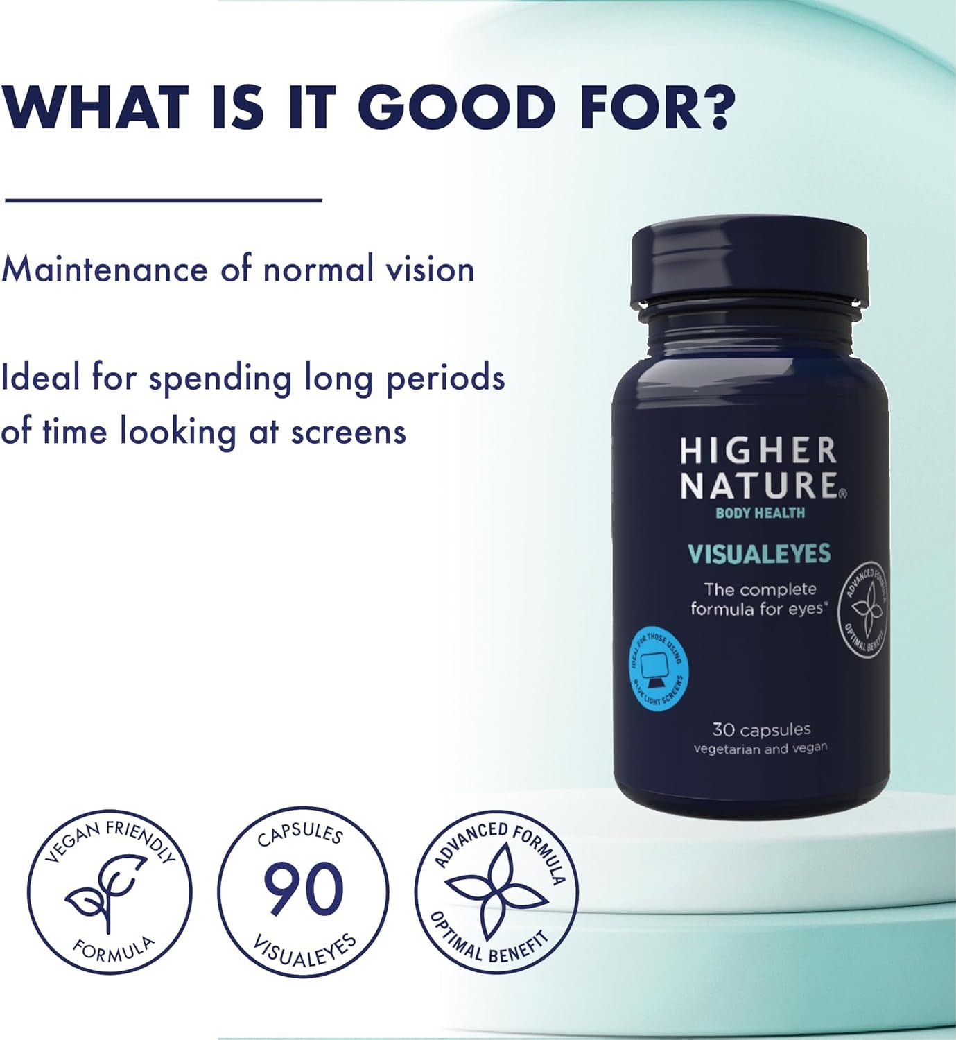 Higher Nature - Visualeyes - Supports Vision - Lutein, Zeaxanthin, Bilberry & Essential Vitamins - 10 Active Ingredients - Vegan - 30 Capsules