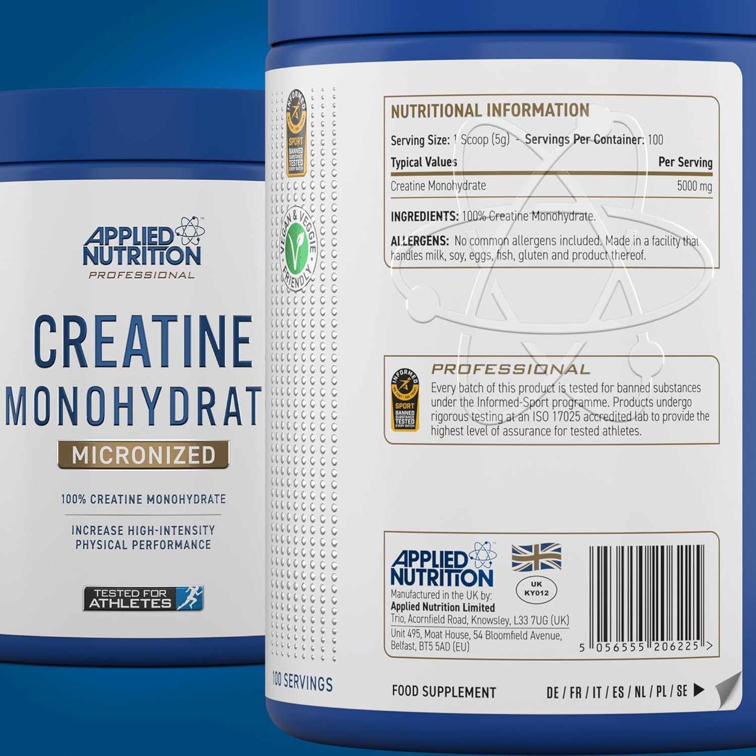 Applied Nutrition Creatine Monohydrate Powder 500G – 100% Micronized Creatine – 5G per Serving – Unflavoured – Supports High-Intensity Performance – 100 Servings