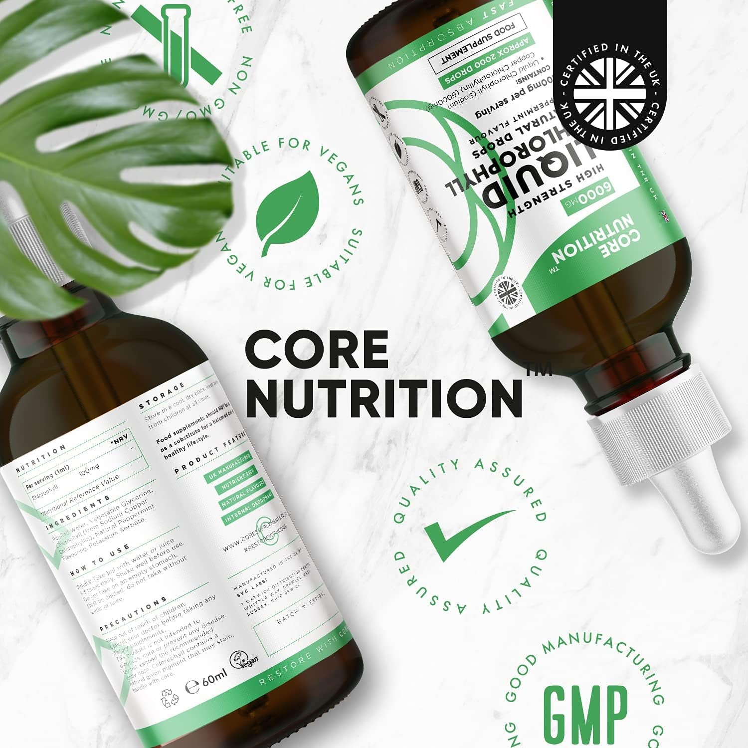 Liquid Chlorophyll Drops for Water - High Strength of 6000Mg per 60Ml Bottle at 4X Concentration - 2 Month Supply of Chlorophyll Liquid Drink - Made in UK by Core Nutrition