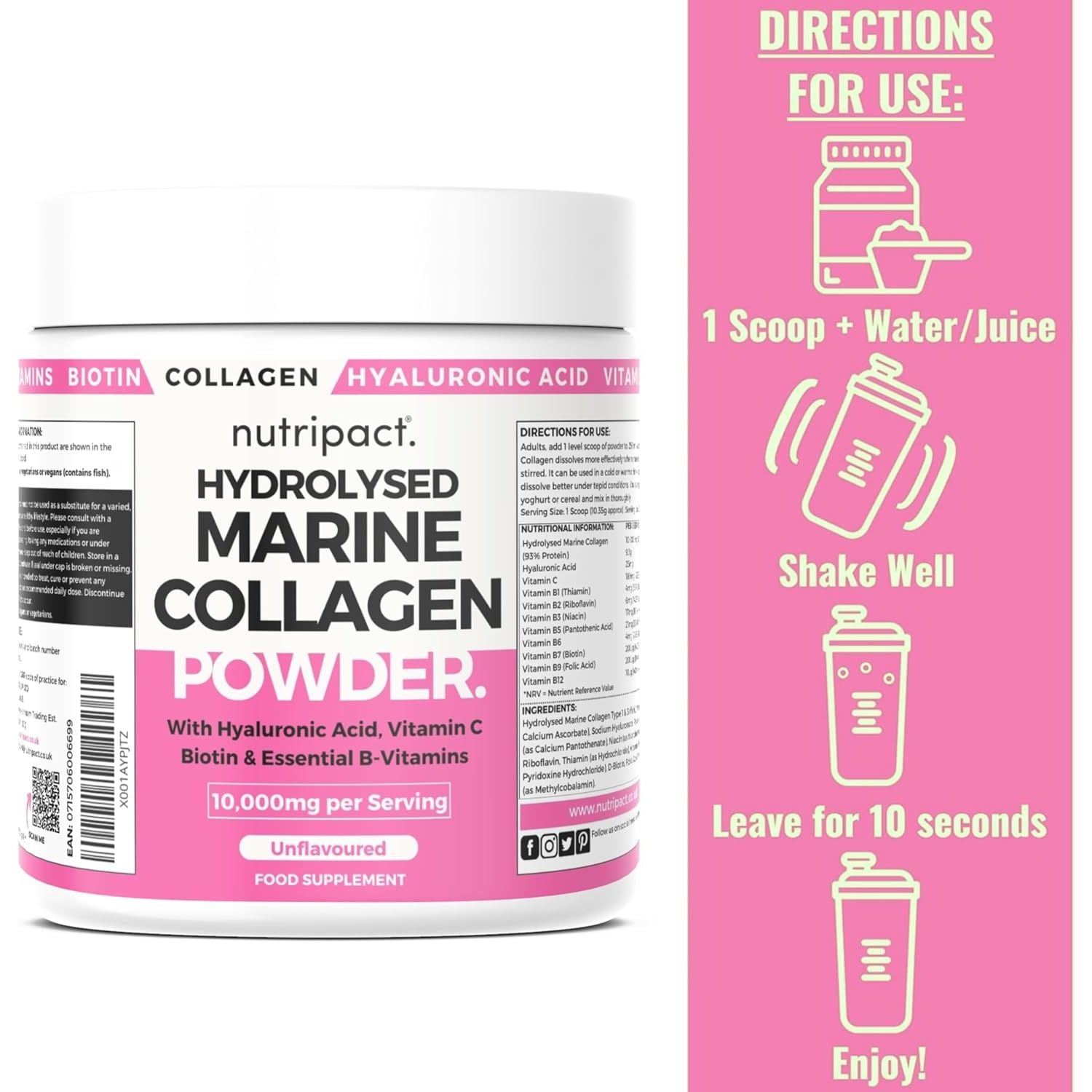 Nutripact Marine Collagen Powder with Hyaluronic Acid, Biotin, Vitamin C & B Vitamins 10,000Mg Hydrolysed Collagen Peptides Types 1 & 3, Unflavoured, Odourless, Highly Bioavailable – 30 Servings, 300G