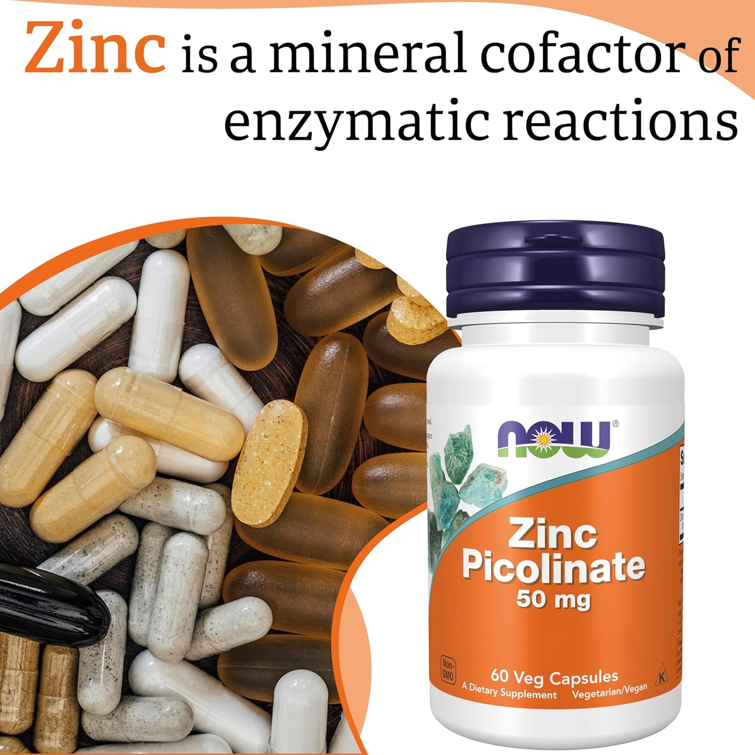Now Foods, Zinc Picolinate, 50Mg, High Dose, 1 Capsule Every 2 Days, 60 Vegan Capsules, Lab-Tested, Gluten Free, SOYA Free, Non-Gmo, Vegetarian
