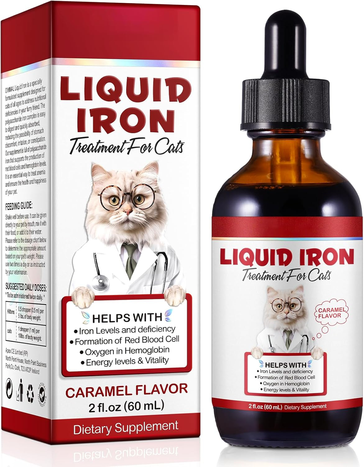 Liquid Iron Drops for Cats, Liquid Supplement for Cats Supports Anemia, Low Enery Levels and Lethargy, Improve Energy Levels & Vitality, Pet Supplies Cat Supplement Vitamins, Caramel Flavor - 2 Fl.Oz