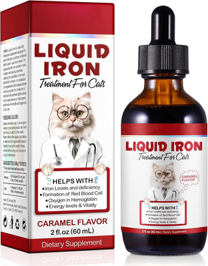 Liquid Iron Drops for Cats, Liquid Supplement for Cats Supports Anemia, Low Enery Levels and Lethargy, Improve Energy Levels & Vitality, Pet Supplies Cat Supplement Vitamins, Caramel Flavor - 2 Fl.Oz