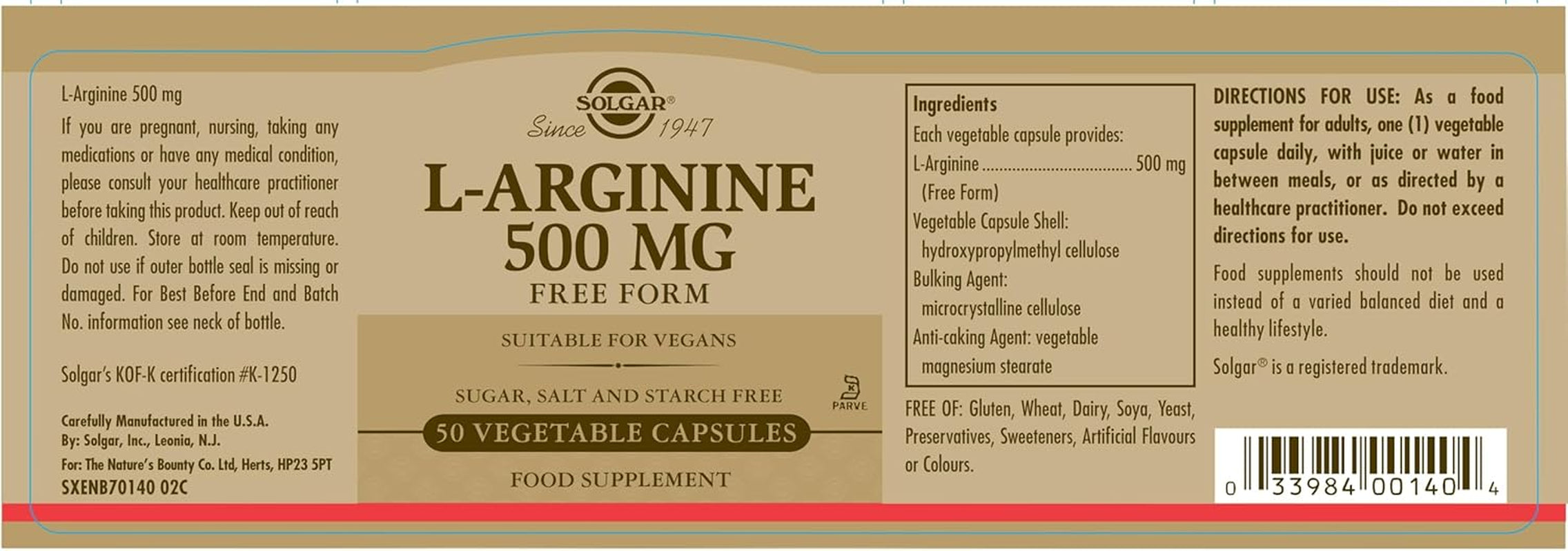 Solgar L-Arginine 500 Mg Vegetable Capsules - Pack of 50 - for a Healthy Metabolism - Ideal for Athletes - Vegan and Gluten Free