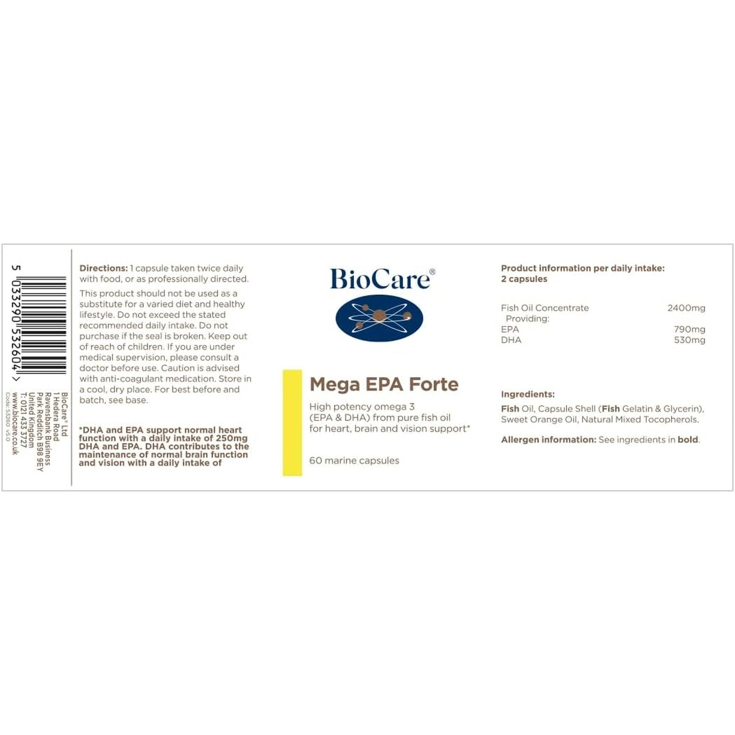 Biocare - Mega EPA Forte - High Potency Omega 3 (EPA & DHA) from Pure Fish Oilfor Heart, Brain and Vision Support - 60 Capsules