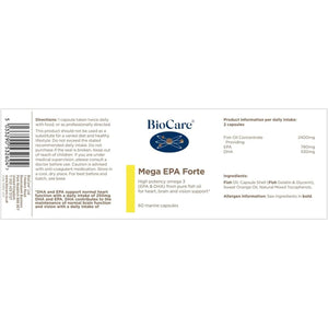 Biocare - Mega EPA Forte - High Potency Omega 3 (EPA & DHA) from Pure Fish Oilfor Heart, Brain and Vision Support - 60 Capsules