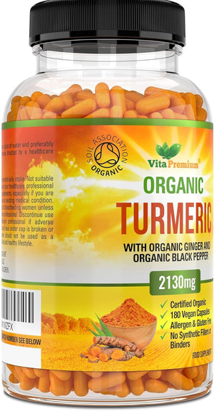 Turmeric and Black Pepper Capsules for Anti-Inflammatory and Joint Pain Relief - 180 Organic Capsules - High Strength Turmeric Curcumin Supplement with Added Black Pepper and Ginger - Made in UK