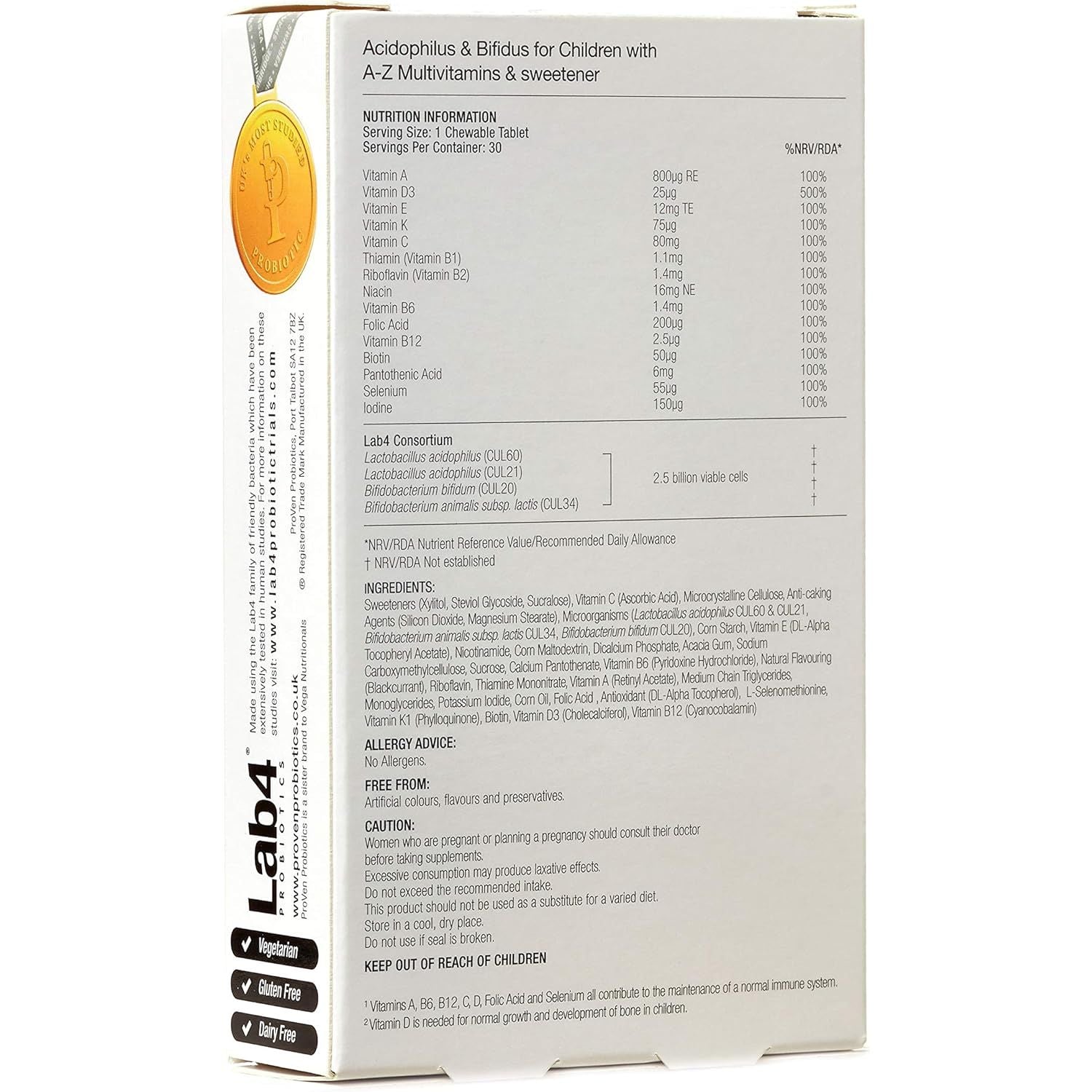 Pro-Ven Probiotics for Children (4-16) A-Z Multivitamins Supplement for Gut Health, Immunity & Energy 2.5 Billion CFU Friendly Bacteria 30 Blackcurrant Chewable Tablets