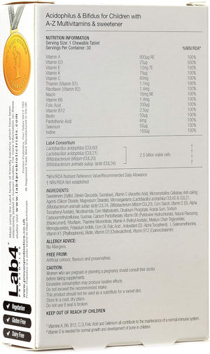 Pro-Ven Probiotics for Children (4-16) A-Z Multivitamins Supplement for Gut Health, Immunity & Energy 2.5 Billion CFU Friendly Bacteria 30 Blackcurrant Chewable Tablets