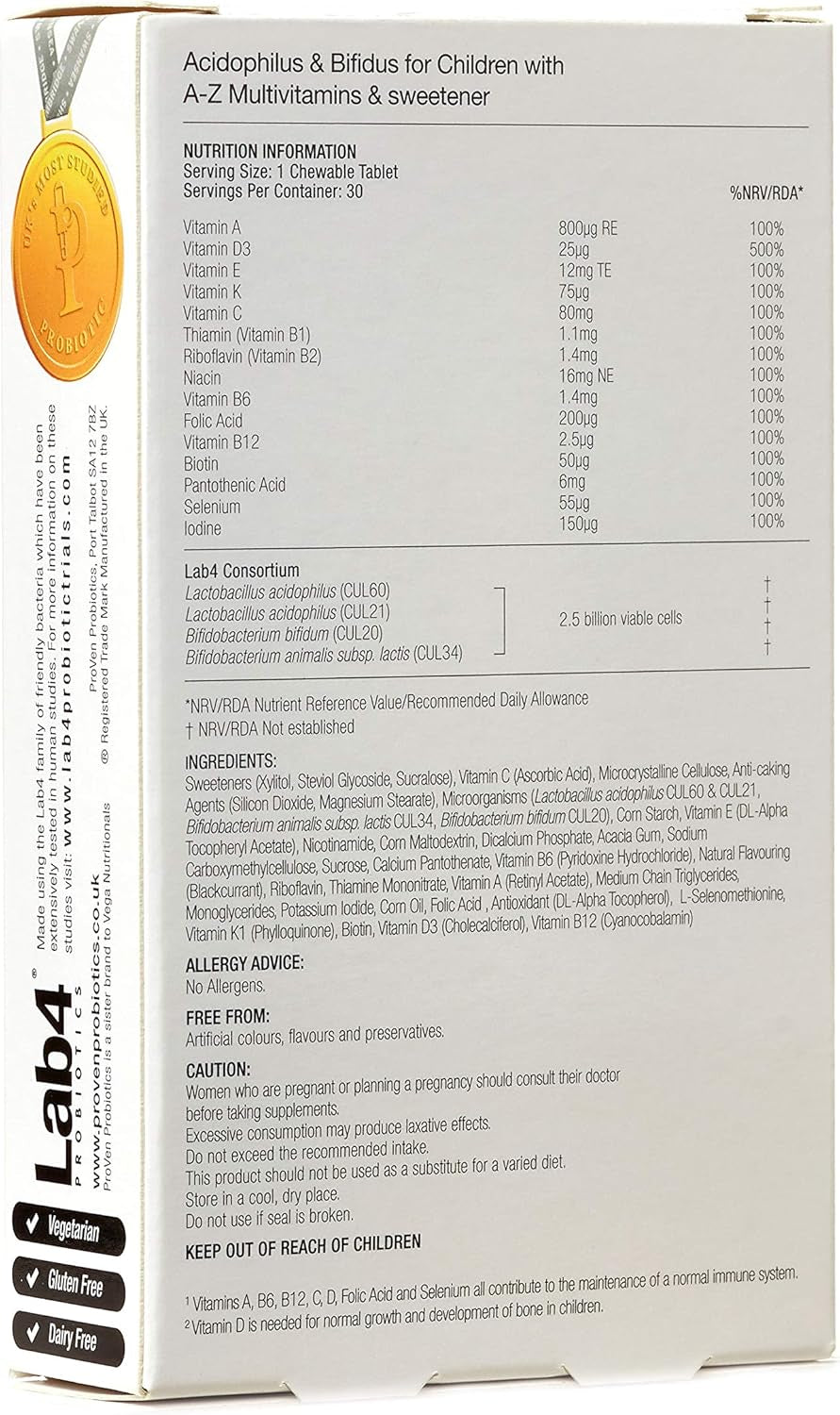 Pro-Ven Probiotics for Children (4-16) A-Z Multivitamins Supplement for Gut Health, Immunity & Energy 2.5 Billion CFU Friendly Bacteria 30 Blackcurrant Chewable Tablets