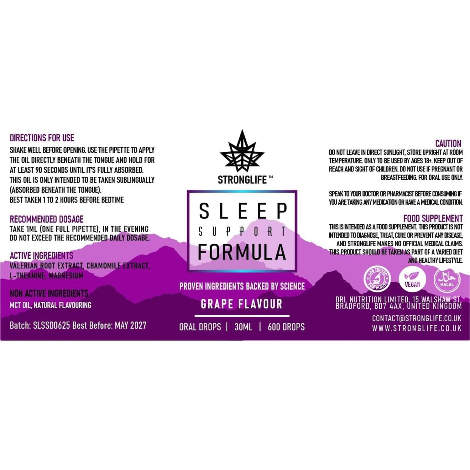 Stronglife Sleep Support Oil Drops - Promotes Restful Deep Sleep - Contains Valerian Root Magnesium L Theanine & Chamomile Extract - Natural Melatonin Alternative - 30Ml