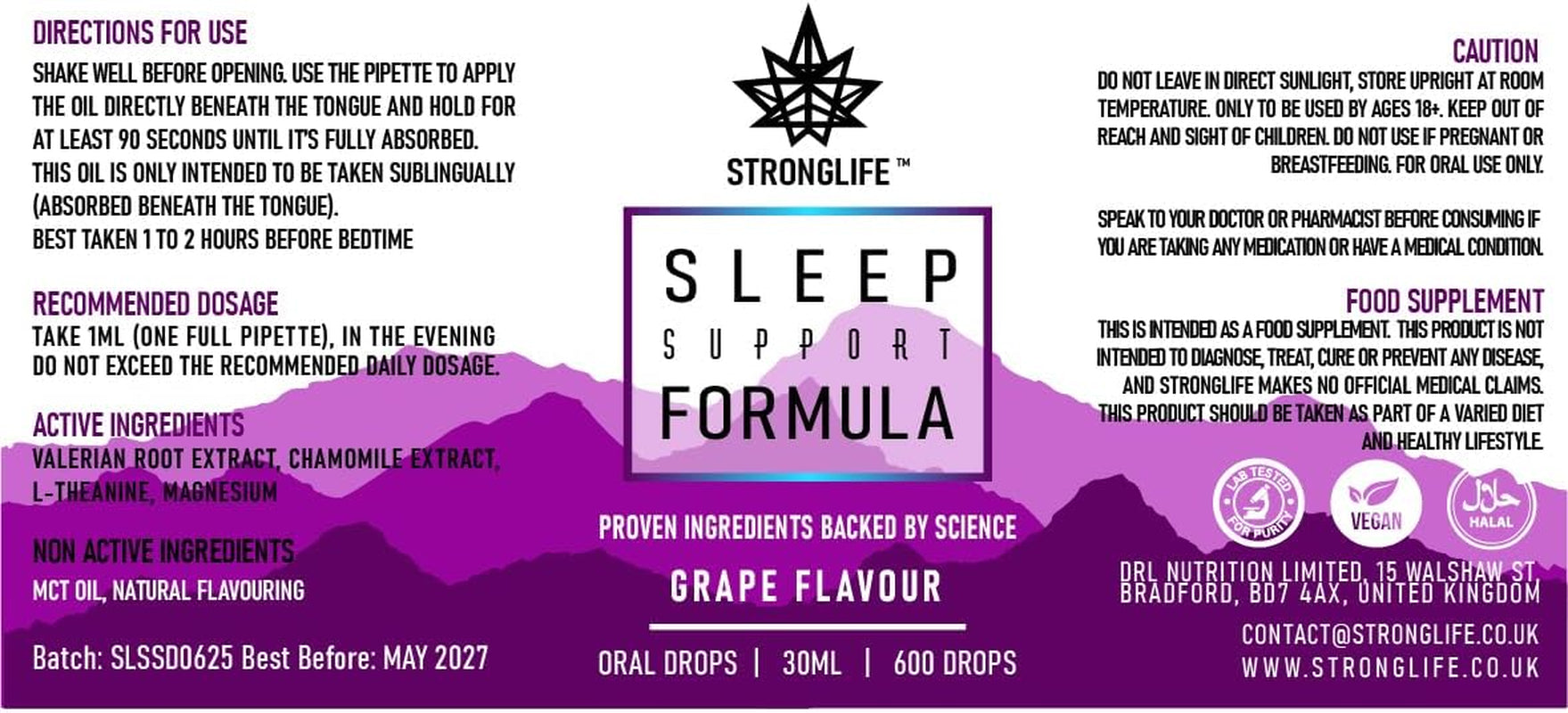Stronglife Sleep Support Oil Drops - Promotes Restful Deep Sleep - Contains Valerian Root Magnesium L Theanine & Chamomile Extract - Natural Melatonin Alternative - 30Ml