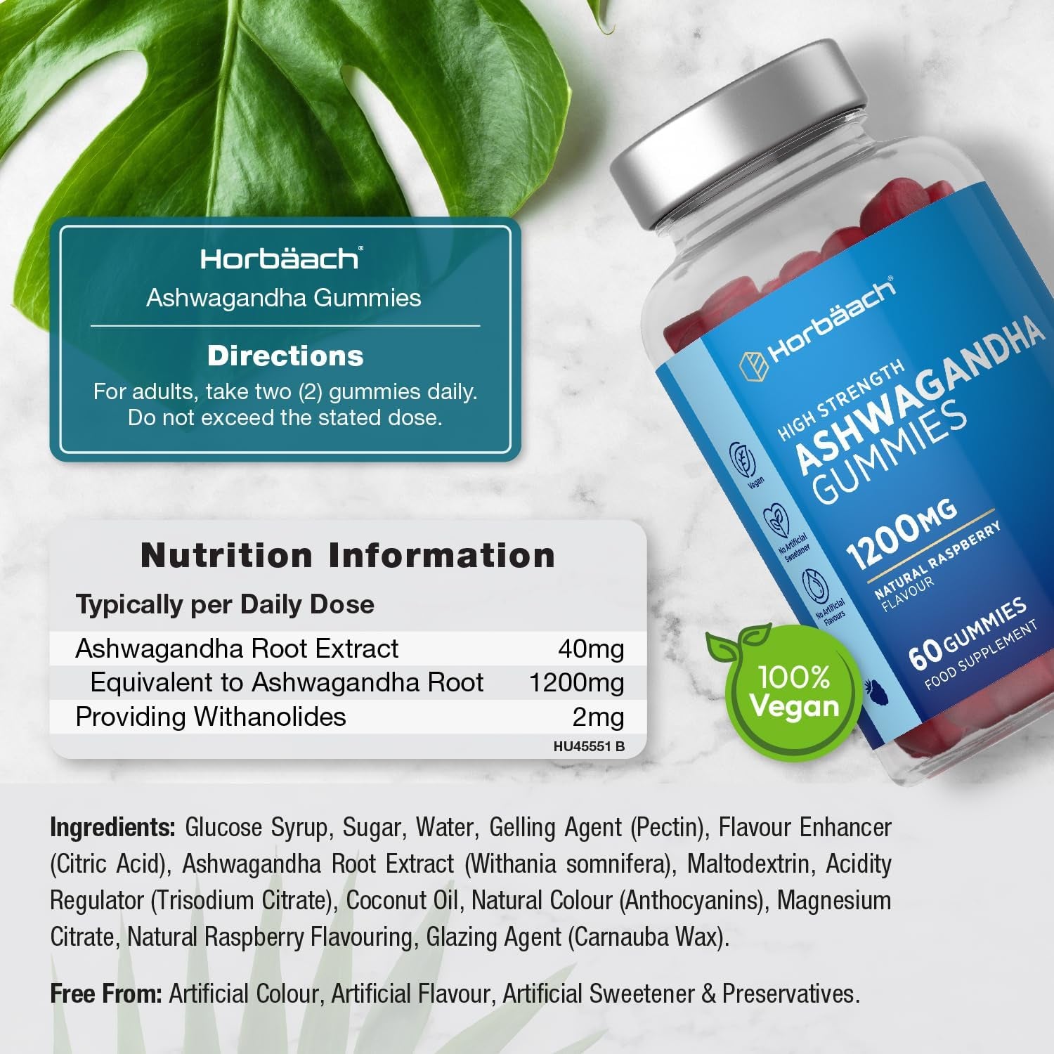 Ashwagandha Gummies 1200Mg | 60 Vegan Gummies | with 5% Withanolides | Natural Raspberry Flavour | by Horbaach