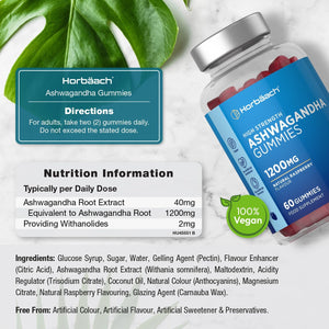 Ashwagandha Gummies 1200Mg | 60 Vegan Gummies | with 5% Withanolides | Natural Raspberry Flavour | by Horbaach