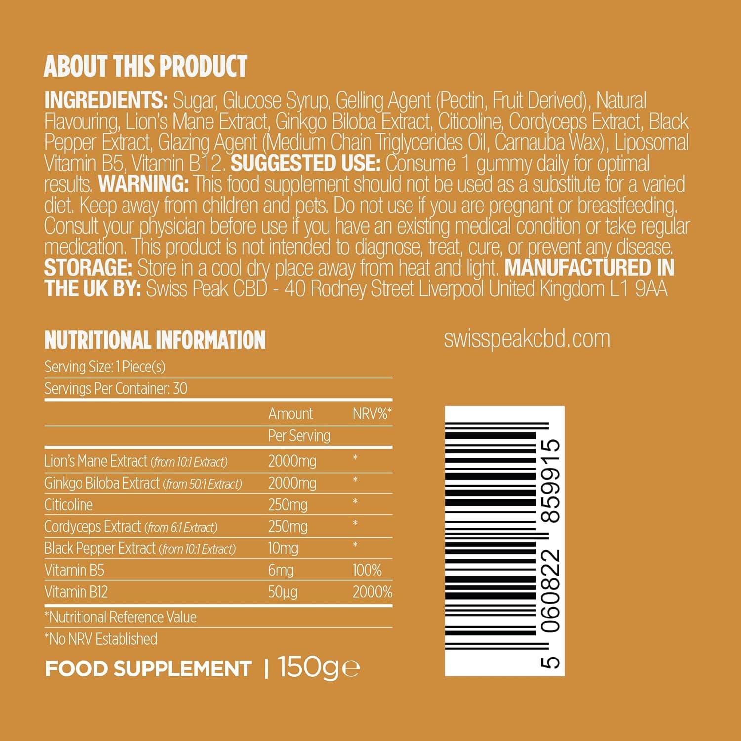 Swiss Peak Lion'S Mane 2000Mg Max-Strength Gummies, Ginkgo Biloba, Citicoline, Cordyceps, Vitamins B5, B12, 30 Pieces, UK Made | Mental Clarity, Effective Alternative to Capsules and Tablets