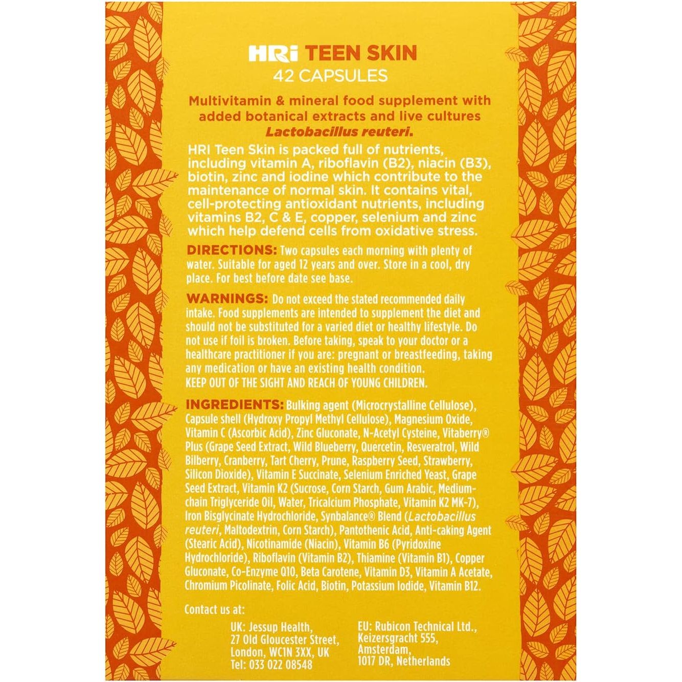 HRI Teen Skin Kids Vitamins - Multivitamin for Kids 12-18 Years - to Aid Health and Well Being of Teens. Healthy Immune System, Gut, Skin Care for Teenage Girls and Boys. 42 Vegan Capsules