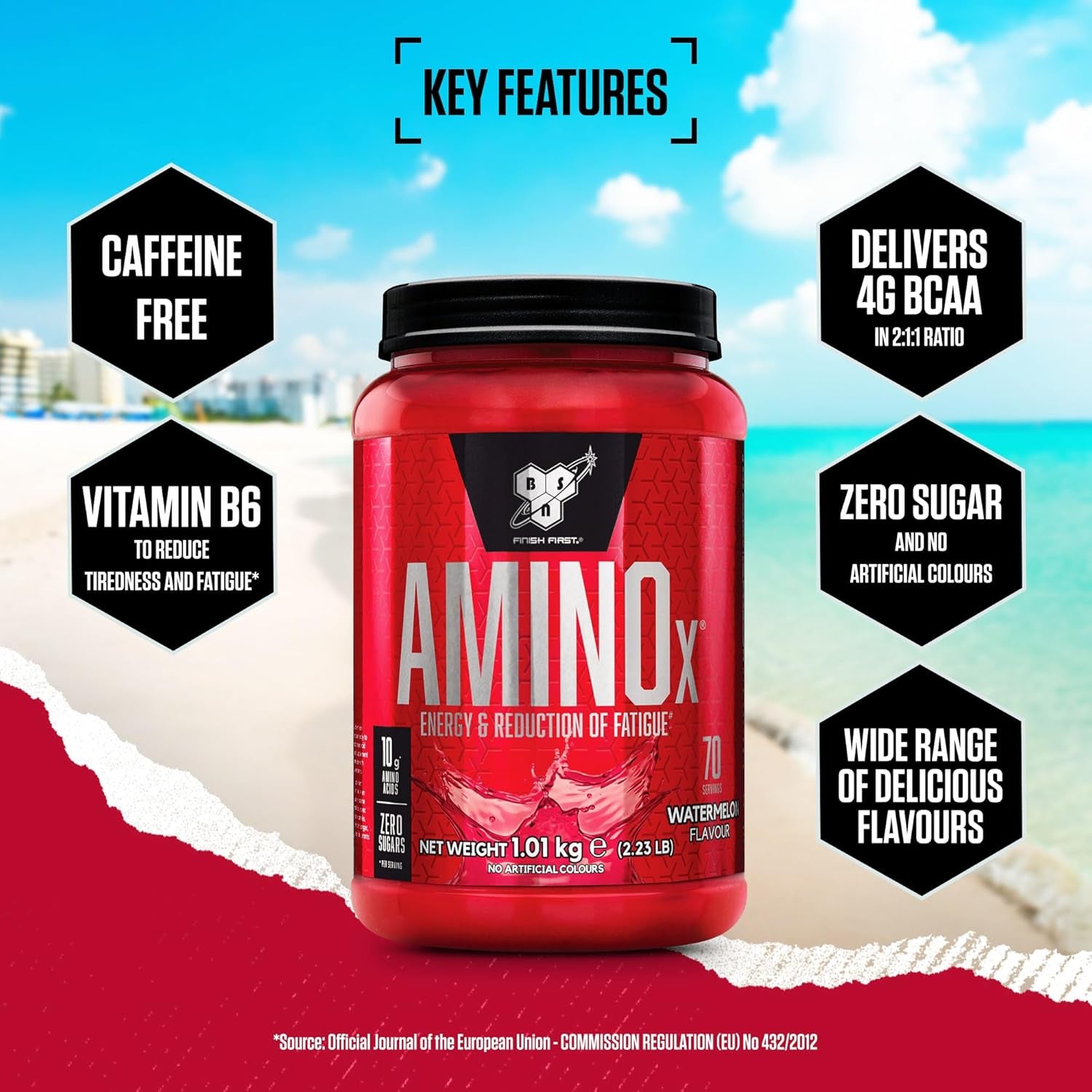 BSN Nutrition Amino X Supplement with Vitamin D, Vitamin B6 and Amino Acids, Watermelon Flavour, 70 Servings, 1 Kg