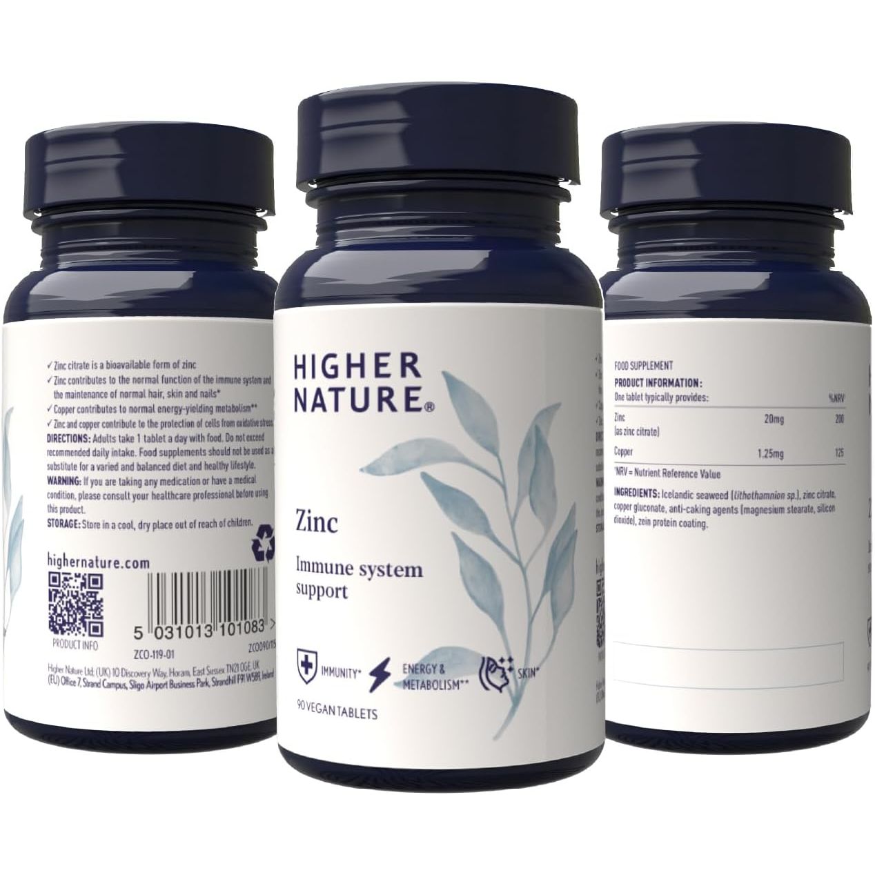 Higher Nature - Zinc - Immune System, Cognitive Function & Fertility Support - Gluten Free - Vegetarian & Vegan - 90 Tablets