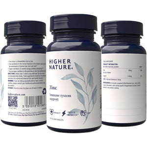 Higher Nature - Zinc - Immune System, Cognitive Function & Fertility Support - Gluten Free - Vegetarian & Vegan - 90 Tablets