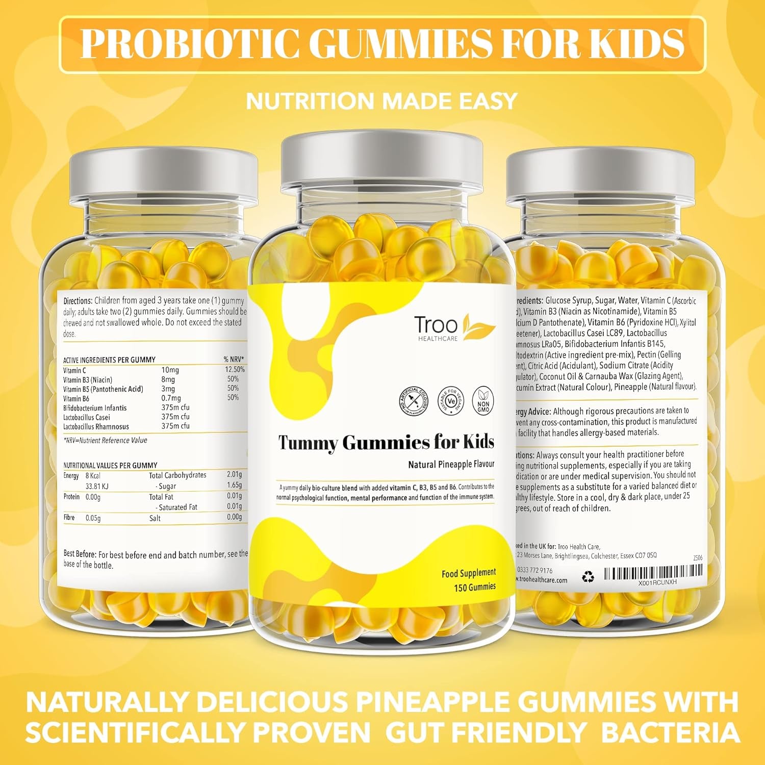 Troo Health Care Tummy Gummies Probiotics with Vitamins for Kids & Adults - 150 Natural Pineapple Active Bacteria Gummies with Vitamin C, B3, B5 & B6 to Support Immune Function & Mental Development
