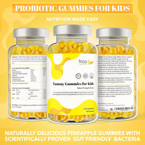 Troo Health Care Tummy Gummies Probiotics with Vitamins for Kids & Adults - 150 Natural Pineapple Active Bacteria Gummies with Vitamin C, B3, B5 & B6 to Support Immune Function & Mental Development