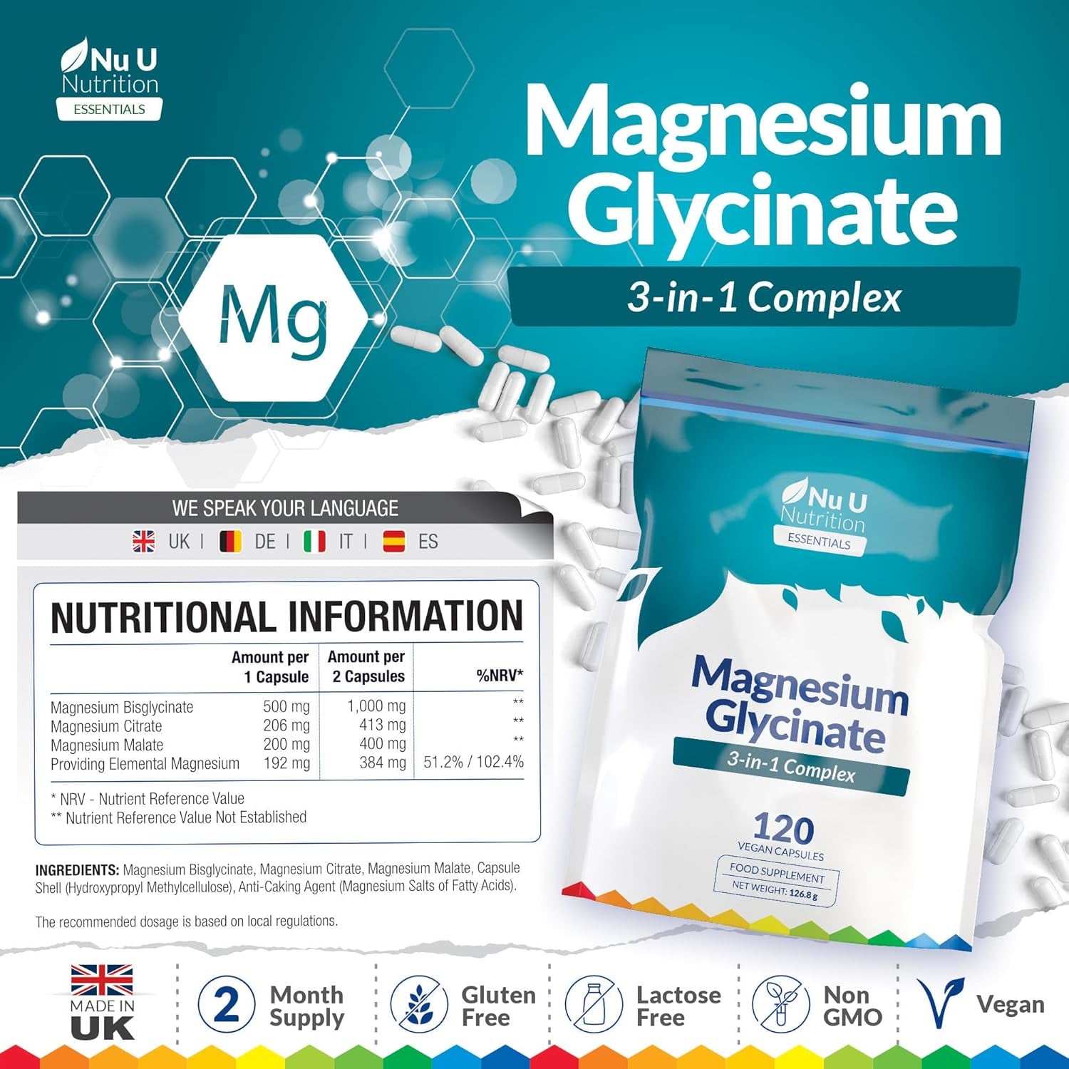 Magnesium Glycinate 3-In-1 Complex 1813Mg - 120 Vegan Capsules - Triple High Absorption Bisglycinate, Citrate & Malate - 384Mg Elemental Mag per Serving - Made in the UK - Nu U Nutrition