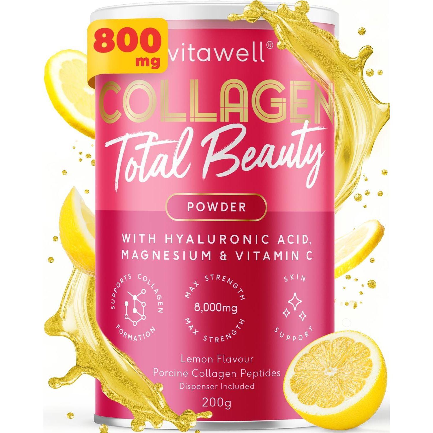Vitawell Collagen Total Beauty Powder Supplement for Women | 8,000Mg Hydrolysed Collagen Peptides Powder with Vitamin C + Magnesium + Hyaluronic Acid | Non-Gmo 200G (Lemon Flavour)