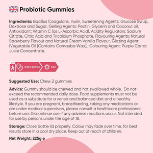 Vegan Probiotic Gummies with Prebiotic - 45 Days Supply (90 Gummies) - Natural Strawberry & Vanilla Flavour - Spore-Forming Bacillus Coagulans Strain & Prebiotic Fibre Inulin - for Men & Women