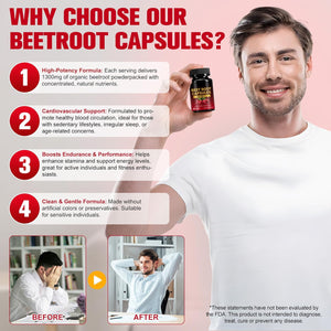 Beetroot Capsules 1300Mg, Beetroot Powder for Endurance Support & Energy, Vegan Beet Root Supplement (60 Capsules, 30-Day Supply)