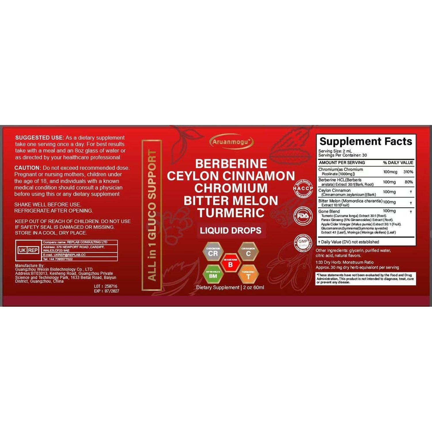 60ML Berberine with Ceylon Cinnamon Supplement Liquid Drops + Bitter Melon Extract, Glucomannan, Gymnema, Chromium, Turmeric, Panax Ginseng, Moringa GLP-1 Support