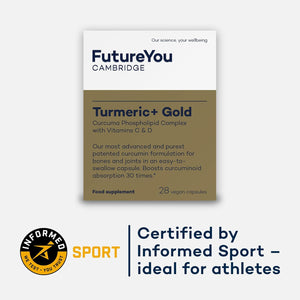 Turmeric+ Gold Supplement – 28 Turmeric Capsules High Strength – Curcumin Capsule Patented Meriva Formulation with Vitamins C & D – Tablets for Bones, Joints & Muscles by Futureyou Cambridge.