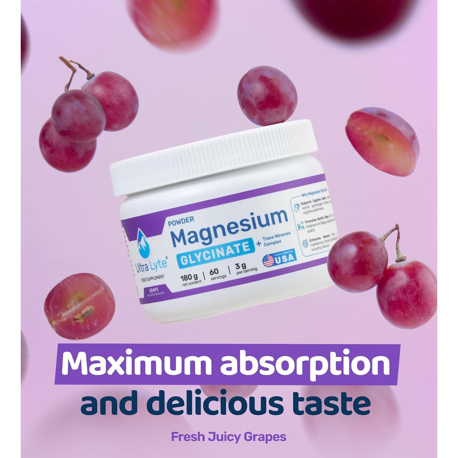 Ultra Lyte Magnesium Glycinate Powder with Trace Minerals 180G – Vegan & Gluten-Free Flavoured Magnesium Supplement – for Sleep Aid, Stress Relief & Muscle Relaxation – 60 Servings (180G, Grape)