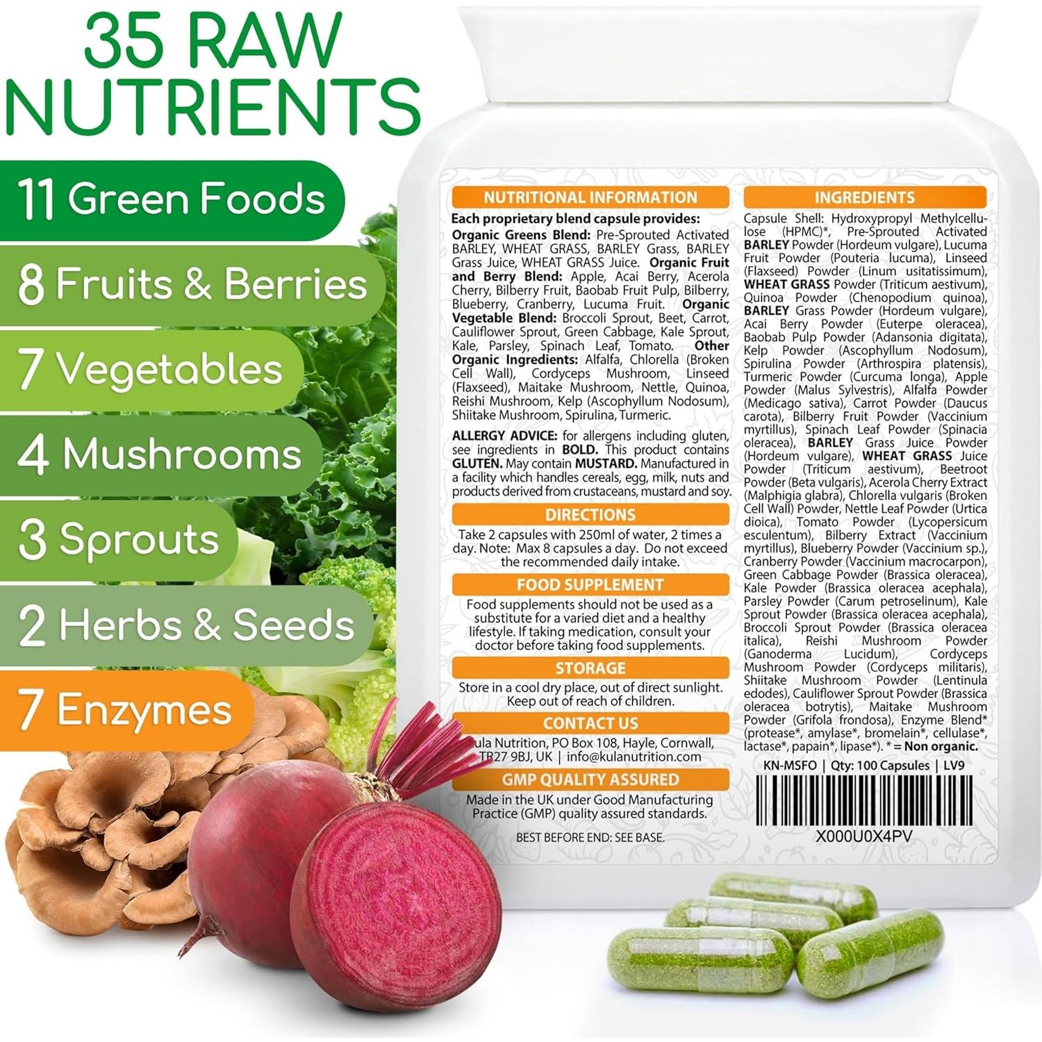 Easygreens - Organic Greens Superfood Capsules – 100 Vegan Capsules - Soil Association Certified Natural Vitamin and Mineral - 35 Raw Greens, Fruits, Vegetables, Mushrooms, Sprouts, Seeds and Herbs