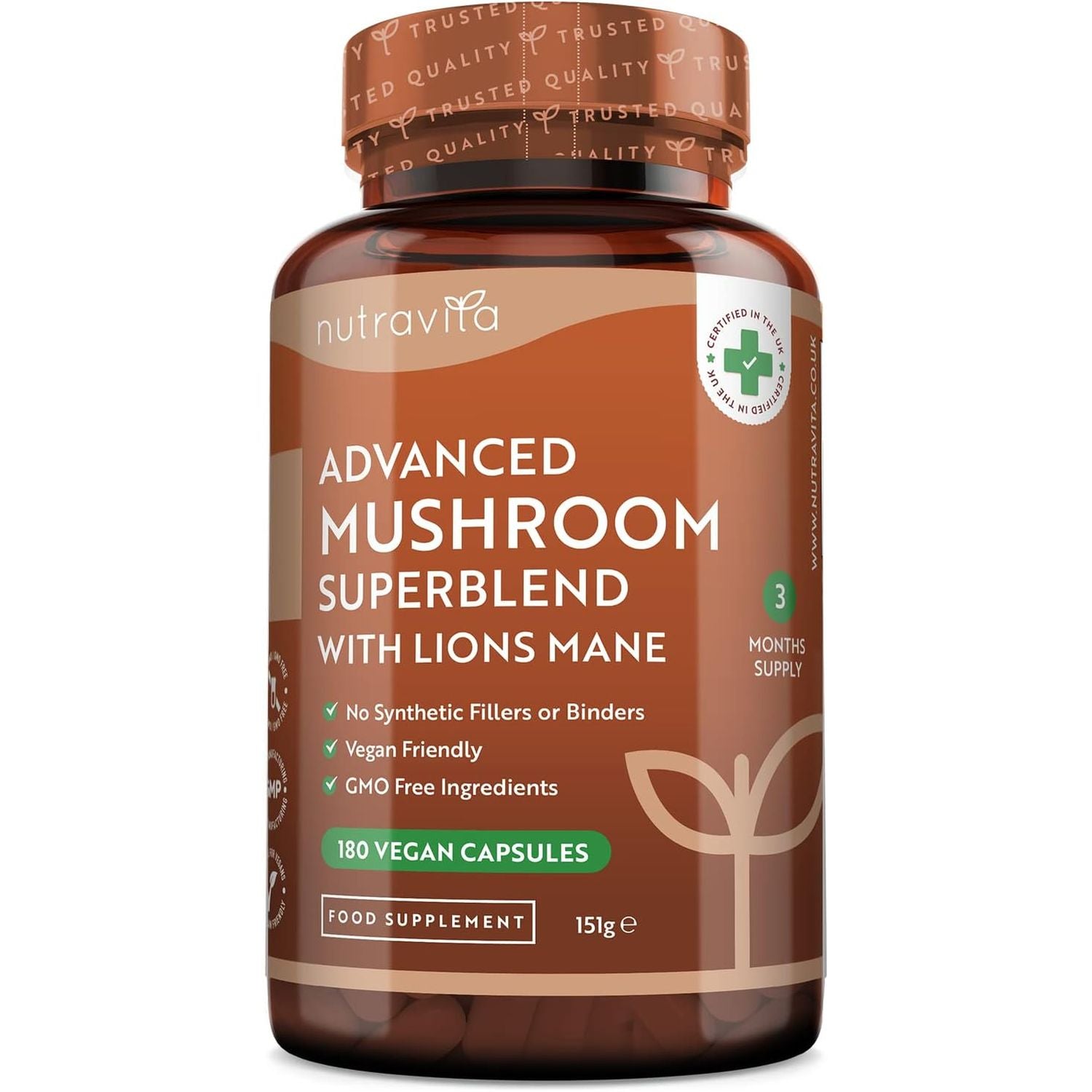 High Potency Mushroom Complex 14400Mg Superblend with Lions Mane - 6 Mushroom Complex with Chaga, Cordyceps, Shiitake, Reishi, Maitake and Lions Mane - 180 Vegan Capsules - Made in the UK
