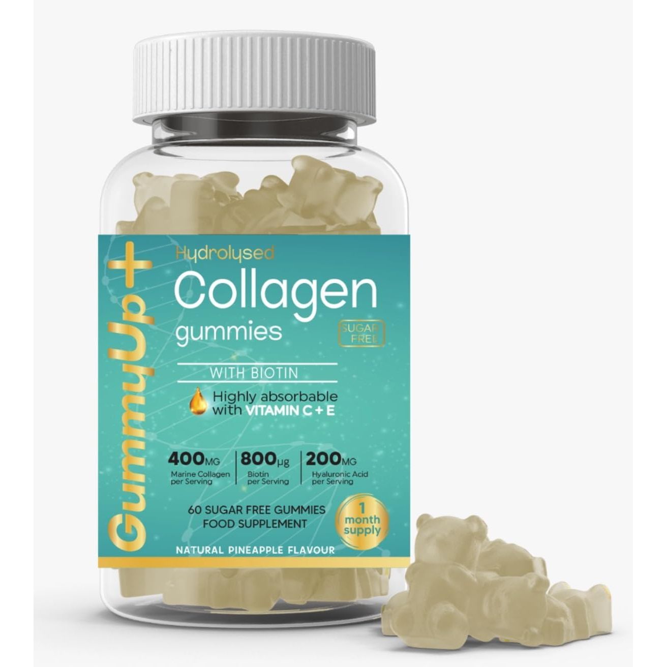 Hydrolysed Collagen Gummies with Biotin + Oral Hyaluronic Acid | Highly Absorbable with Vitamin C+E | 60 Sugar Free Natural Pineapple Flavoured Gummies