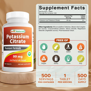 Best Naturals Potassium Citrate 99Mg 500 Tablets - 3Rd Party Lab Tested